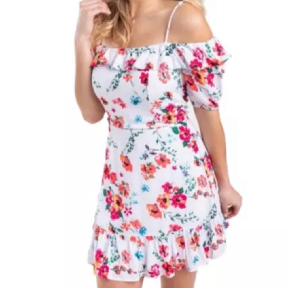 Francesca's Lenette Floral Cold Shoulder Mini Dress White Ruffle Women's S